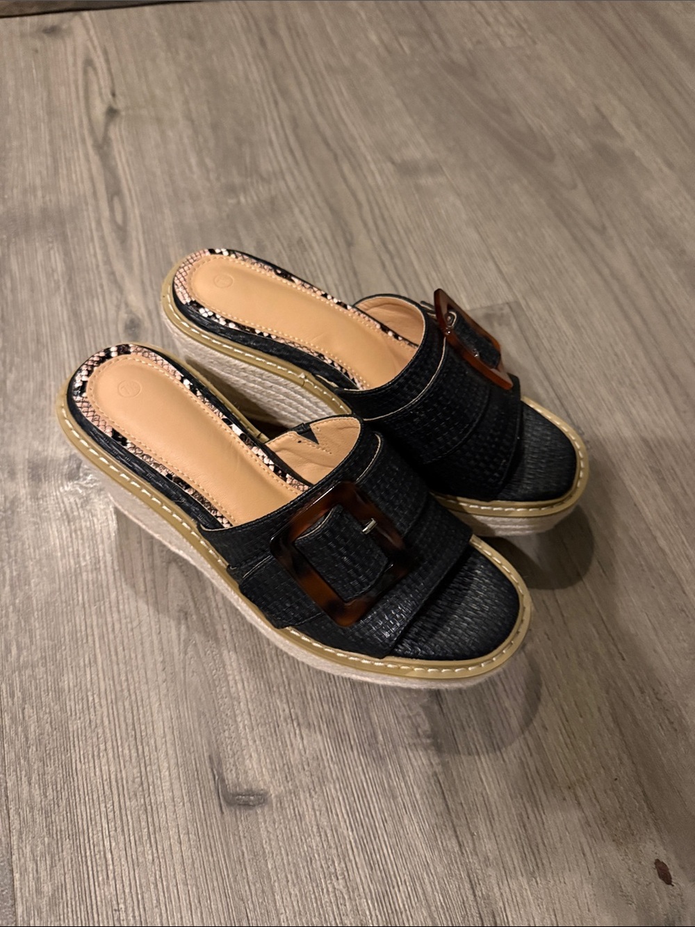 Black Woven Slide Mules with Tortoiseshell Buckle